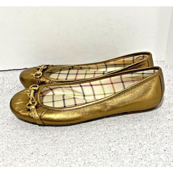 Coach Leona Ballet Flats Golden Metallic Leather Slip On Shoes Horse Bit US 6.5B